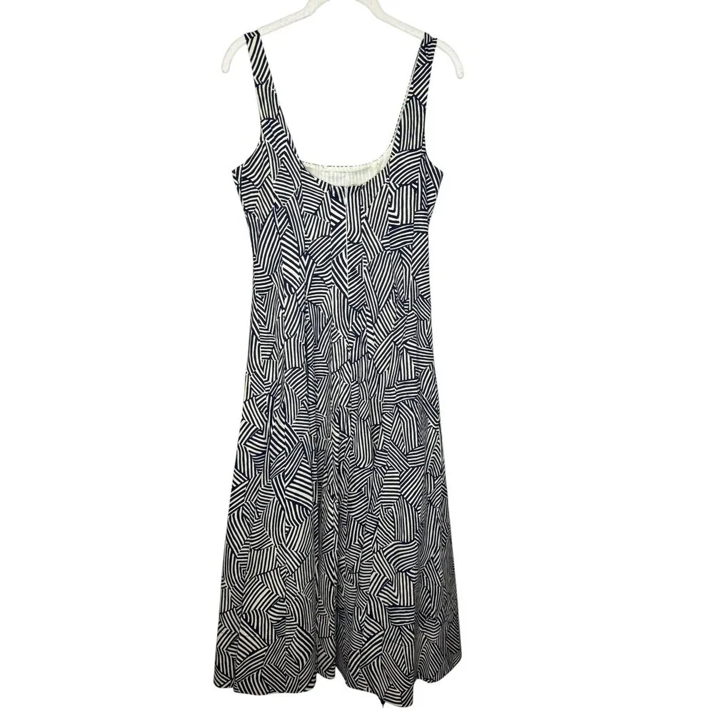 STAUD Wells Dress 6 Blue White Geometric Scoop Neck Fit Flare Midi Sundress - Picture 6 of 9